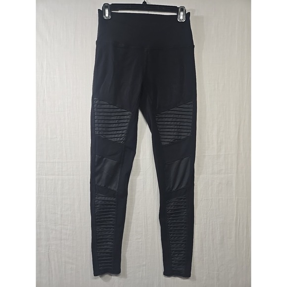 Alo Full Length High Waist Moto Leggings‎ Women's S? Black Glossy Mesh Detail - Picture 1 of 7